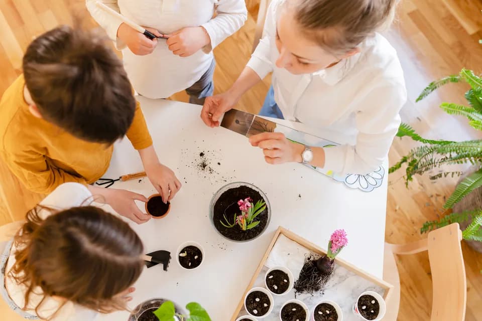 Children and an educator exploring soil and seeds at a table